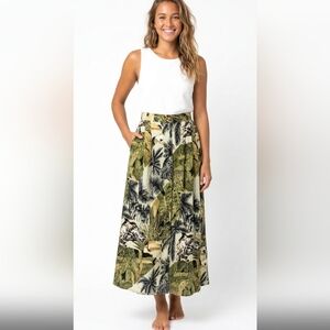 Vintage 100%rayon tropical safari print olive green button down maxi skirt large